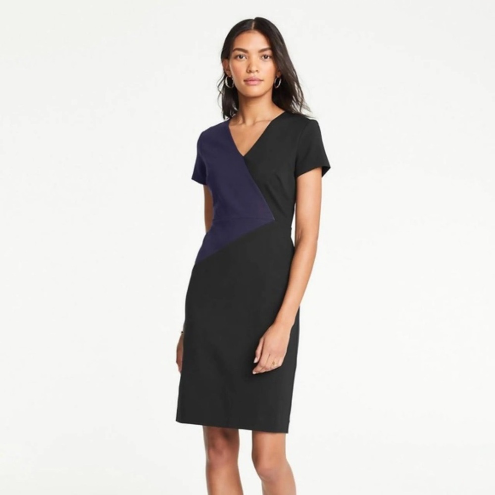 Ann Taylor 4 All-Day Ponte Colorblock Navy Black Cap Sleeve Dress